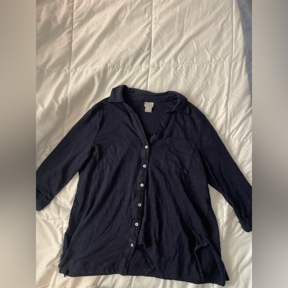 Chicos 2 100% Linen Navy Blue Buttoned Shirt Cuffed Sleeves Women’s Large